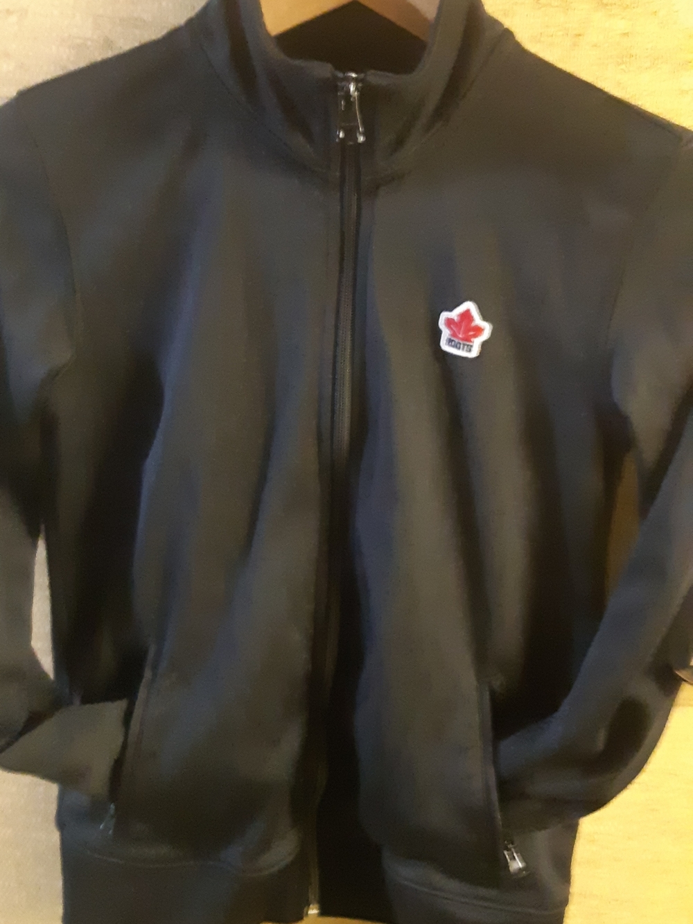 Women's Size XS Athletic Roots Black Jacket with White& Red Roots Logo Print